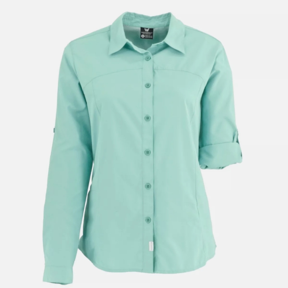 White Sierra Long Sleeve Button Up Shirt Light Blue Outdoor Travel Hikin…